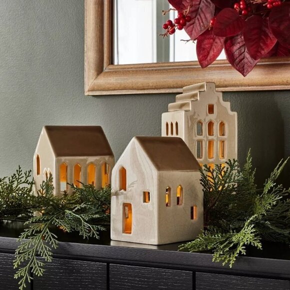 3pc Ceramic Village LED Tea Light Holder Set - Threshold Studio McGee 2024 - Picture 4 of 6